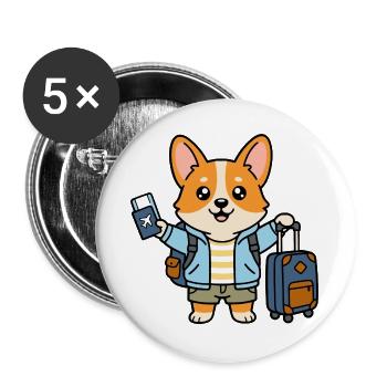 Niedlicher Kawaii Corgi World Traveler Hundepass - Buttons groß 56 mm (5er Pack) - Weiß - Vorne