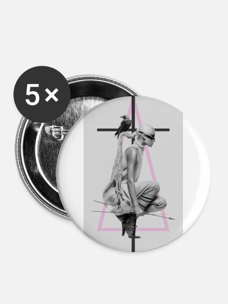 Modecollage mit Rabe und Dreieck - Buttons groß 56 mm (5er Pack) - Weiß