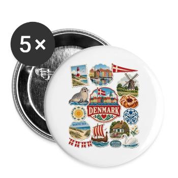 Dänemark Reisesticker - Buttons groß 56 mm (5er Pack) - Weiß - Vorne
