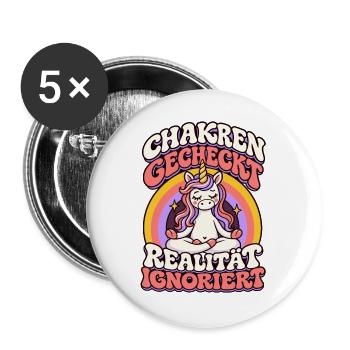 Yoga Einhorn – Chakren gecheckt - Buttons groß 56 mm (5er Pack) - Weiß - Vorne