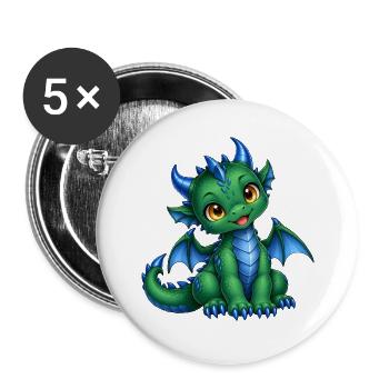 Süßes grünes Drachenbaby mit blauen Hörnern - Buttons groß 56 mm (5er Pack) - Weiß - Vorne
