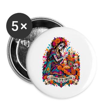DiaMuertos Herzblüte - Buttons groß 56 mm (5er Pack) - Weiß - Vorne