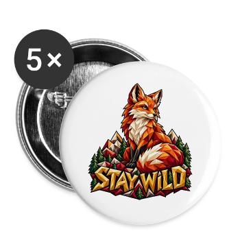 Stay Wild Fuchs Low Poly Berge Wald Natur Shirt - Buttons groß 56 mm (5er Pack) - Weiß - Vorne