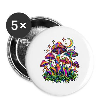 Bunte Pilze mit Mond und Sternen – Retro Design - Buttons groß 56 mm (5er Pack) - Weiß - Vorne