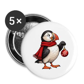 Weihnachts-Papageitaucher mit rotem Schal und Ornament - Buttons groß 56 mm (5er Pack) - Weiß - Vorne