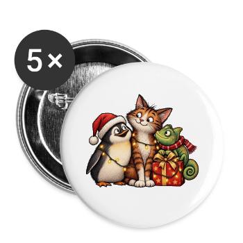 Weihnachts-Pinguin-Katze und Chamäleon-Freunde - Buttons groß 56 mm (5er Pack) - Weiß - Vorne