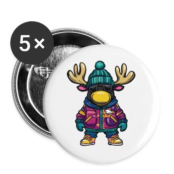 Elch mit Winterjacke und Sonnenbrille - Buttons groß 56 mm (5er Pack) - Weiß - Vorne