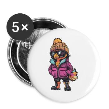 Vogel mit Winterjacke und Sonnenbrille - Buttons groß 56 mm (5er Pack) - Weiß - Vorne