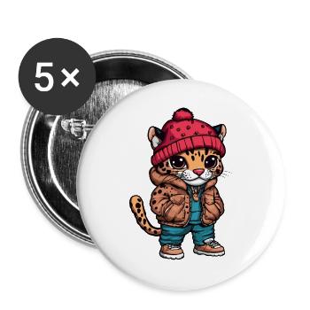 Leopard mit Winterjacke und Mütze - Buttons groß 56 mm (5er Pack) - Weiß - Vorne