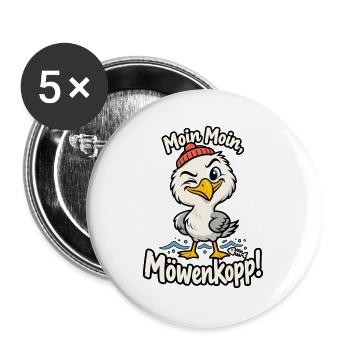 Moin Moin Möwenkopp – Nordsee Spruch Küstenhumor - Buttons groß 56 mm (5er Pack) - Weiß - Vorne