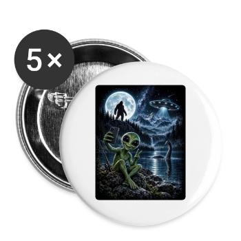 Bigfoot Alien UFO Loch Ness Weltraum Szene Kryptid - Buttons groß 56 mm (5er Pack) - Weiß - Vorne