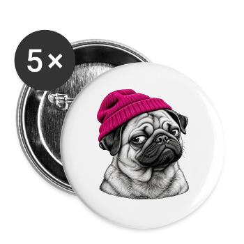 Pug im Pink Beanie - Buttons groß 56 mm (5er Pack) - Weiß - Vorne