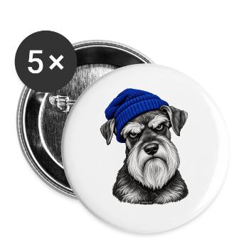 Hund mit blauem Strickhut - Buttons groß 56 mm (5er Pack) - Weiß - Vorne