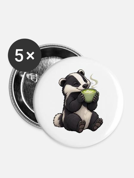 Dachs mit Matcha Latte - Buttons groß 56 mm (5er Pack) - Weiß