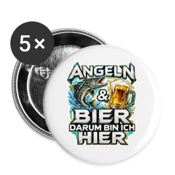Angeln und Bier mit Hecht und Bierkrug - Buttons groß 56 mm (5er Pack) - Weiß - Vorne