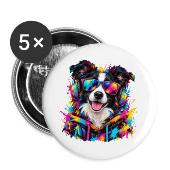 Border Collie mit Kopfhörern – Neon Graffiti - Buttons groß 56 mm (5er Pack) - Weiß - Vorne