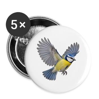 Blaumeise im Flug – blaugelbes Gartenvogelmotiv - Buttons groß 56 mm (5er Pack) - Weiß - Vorne