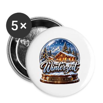 Winterzeit Schneekugel - Buttons groß 56 mm (5er Pack) - Weiß - Vorne