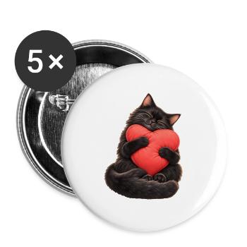 Schwarze Katze mit Herzkissen – Liebe auf Pfoten - Buttons groß 56 mm (5er Pack) - Weiß - Vorne