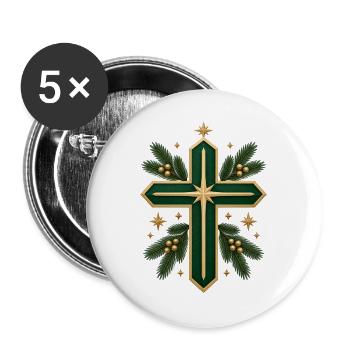 Weihnachtskreuz mit Goldrand und Tannengrün - Buttons groß 56 mm (5er Pack) - Weiß - Vorne