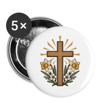 Kreuz mit Blumenpracht - Buttons groß 56 mm (5er Pack) - Weiß - Vorne