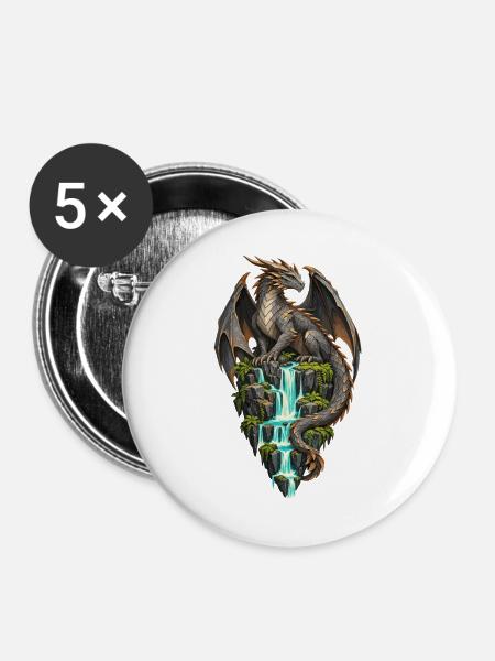 Felsendrache am türkisfarbenen Wasserfall - Buttons groß 56 mm (5er Pack) - Weiß
