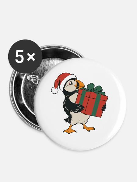Weihnachts-Papageitaucher mit einem Geschenk - Buttons groß 56 mm (5er Pack) - Weiß