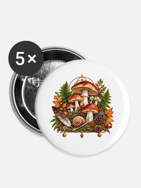 Pilzparadies Herbstzauber - Buttons groß 56 mm (5er Pack) - Weiß