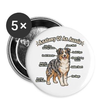 Anatomie eines Aussie – Mama eines australischen Schäferhundes - Buttons groß 56 mm (5er Pack) - Weiß - Vorne