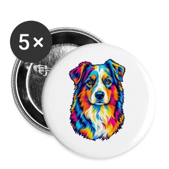 Bunter Australian Shepherd – Pop-Art-Aussie-Hund - Buttons groß 56 mm (5er Pack) - Weiß - Vorne