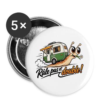 Wohnmobil-Humor-Aufkleber – Pas und doppeltes Beschwerden! - Buttons groß 56 mm (5er Pack) - Weiß - Vorne