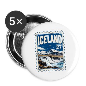 Island Vintage Briefmarke – Wasserfall & Berge - Buttons groß 56 mm (5er Pack) - Weiß - Vorne