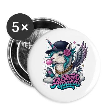 Street Alpaca mit Horn, Flügeln und Kaugummi - Buttons groß 56 mm (5er Pack) - Weiß - Vorne