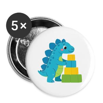 Blauer Comic Dinosaurier Bauklötze Kinder T-Shirt - Buttons groß 56 mm (5er Pack) - Weiß - Vorne