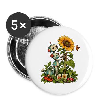 Gartenroboter mit Sonnenblume und Gemüse - Buttons groß 56 mm (5er Pack) - Weiß - Vorne