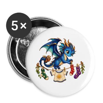 Blauer Drache hängt bunte Wäsche auf - Buttons groß 56 mm (5er Pack) - Weiß - Vorne