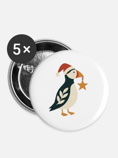 Weihnachtspuffin mit Weihnachtsstern - Buttons groß 56 mm (5er Pack) - Weiß