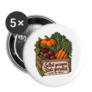 Garten mit Gemüseernte und Spruch Selbst gezogen - Buttons groß 56 mm (5er Pack) - Weiß - Vorne