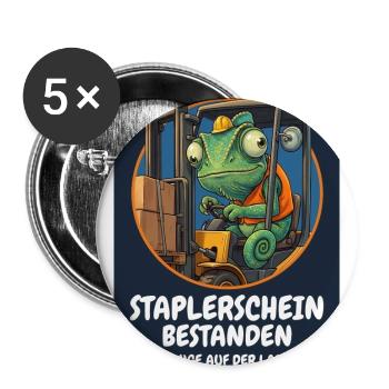Staplerschein bestanden – Chamäleon am Stapler - Buttons groß 56 mm (5er Pack) - Weiß - Vorne