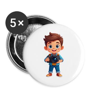 Comic Junge Fotoapparat Kamera Fotograf T-Shirt - Buttons groß 56 mm (5er Pack) - Weiß - Vorne