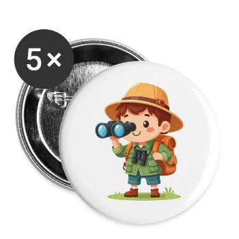 Kleiner Comic Abenteurer Tropenhut Fernglas  - Buttons groß 56 mm (5er Pack) - Weiß - Vorne