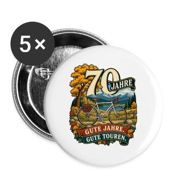 70 Jahre Fahrradabenteuer Gute Jahre Gute Touren - Buttons groß 56 mm (5er Pack) - Weiß - Vorne