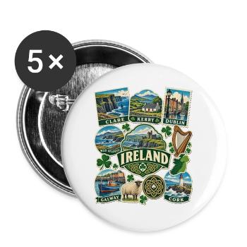 Irland Reisesticker - Buttons groß 56 mm (5er Pack) - Weiß - Vorne