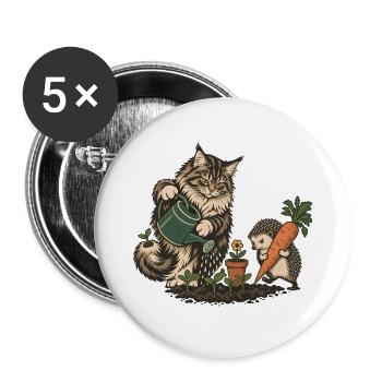 Maine Coon und Igel beim Gärtnern - Buttons groß 56 mm (5er Pack) - Weiß - Vorne