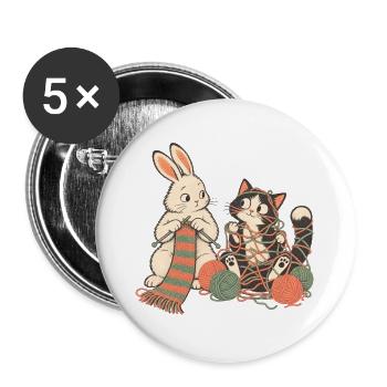 Kaninchen und Katze beim Stricken - Buttons groß 56 mm (5er Pack) - Weiß - Vorne