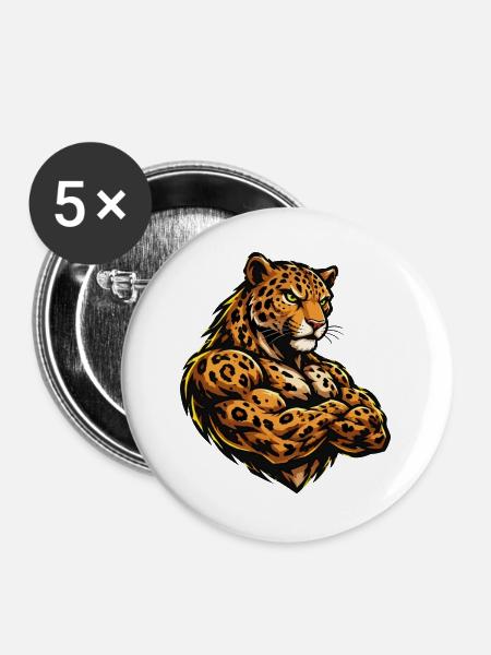 Muskel Leopard Krieger - Buttons groß 56 mm (5er Pack) - Weiß