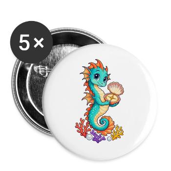Kleiner Seepferddrache mit goldenem Muschelkompass - Buttons groß 56 mm (5er Pack) - Weiß - Vorne