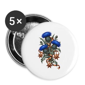 Blaue Disteln mit kupfernen Weihnachtssternen - Buttons groß 56 mm (5er Pack) - Weiß - Vorne