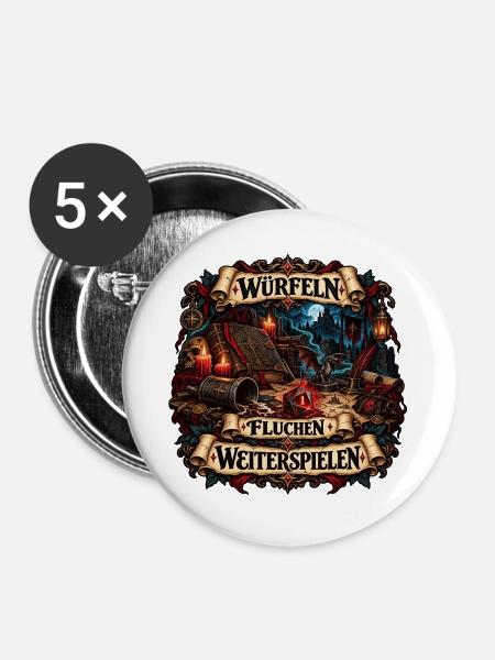 Würfeln Fluchen Weiterspielen - Buttons groß 56 mm (5er Pack) - Weiß