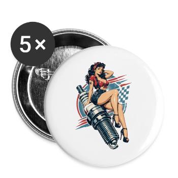 Vintage Hot Rod Pin-Up: Mechanikerin auf Zündkerze - Buttons groß 56 mm (5er Pack) - Weiß - Vorne